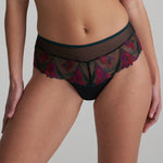 Marie Jo Yoly Luxury Thong Brief in Jewel Green with fuchsia embroidery and lace trim, sheer panels and delicate detailing.