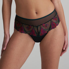 Marie Jo Yoly Luxury Thong Brief in Jewel Green with fuchsia embroidery and lace trim, sheer panels and delicate detailing.