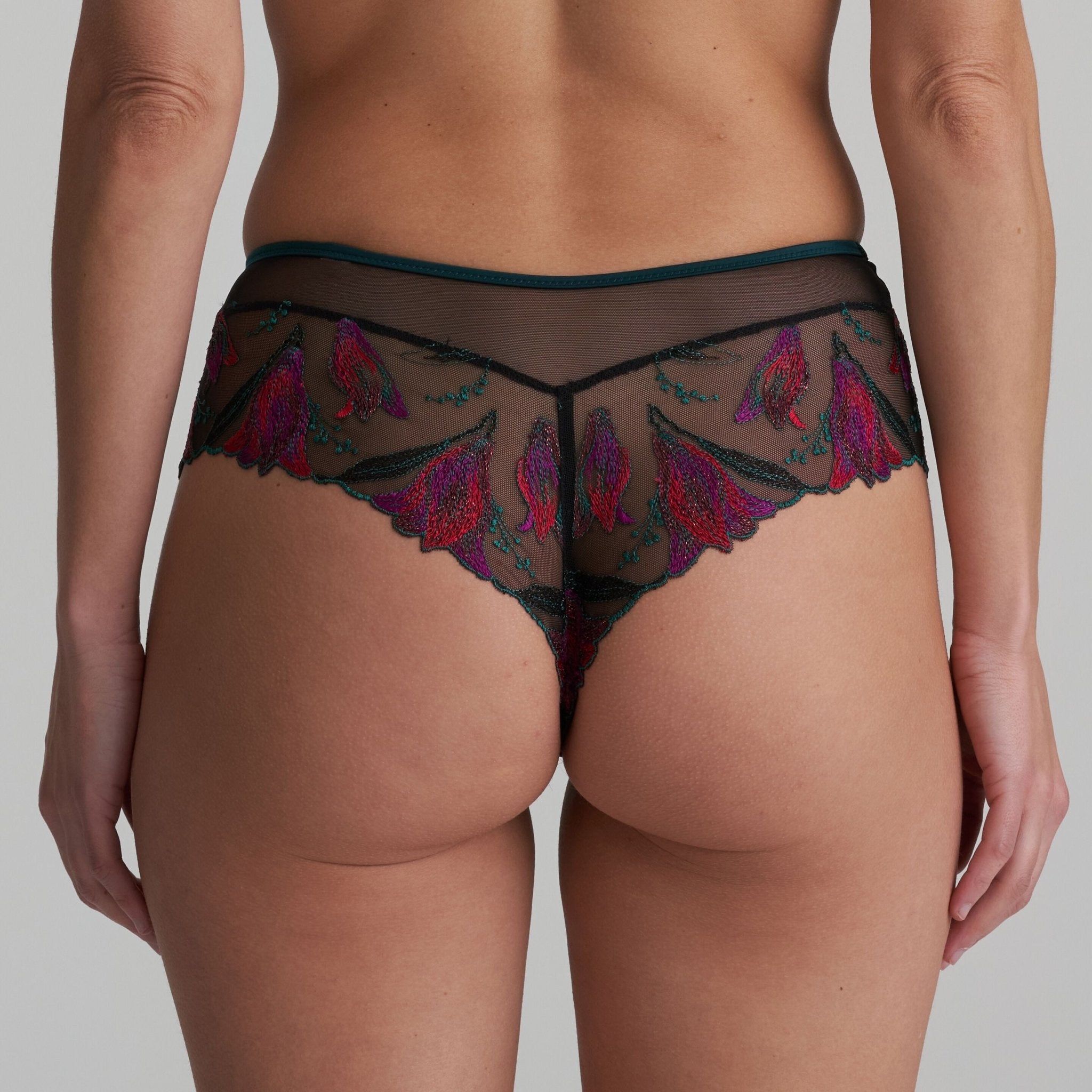 Marie Jo Yoly Luxury Thong Brief in Jewel Green with fuchsia embroidery and lace trim, sheer panels and delicate detailing.
