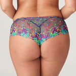 Back view of Las Salinas Empire Green Thong – sheer mesh and cheeky coverage with bright embroidered accents.
