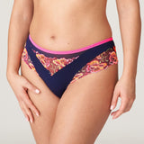 PrimaDonna Devdaha Thong Brief in Velvet Blue – vibrant floral lace and sheer mesh detailing with neon pink accent trim. Side angle
