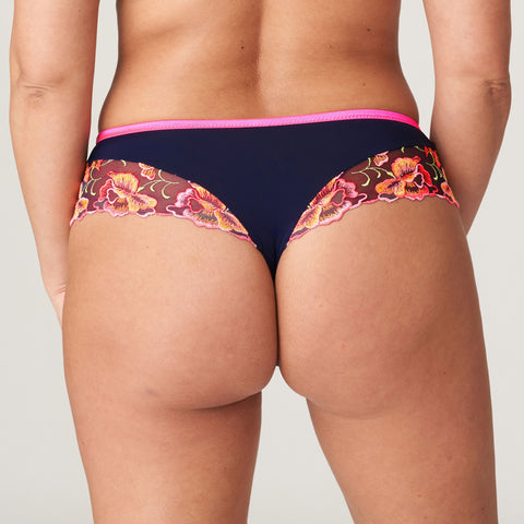 Back view of Devdaha Thong Brief by PrimaDonna – semi-sheer mesh with floral side panels and cheeky cut in Velvet Blue.