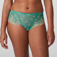 Front view of Lenca Luxury Thong Sunny Teal from The Foundation, showing floral embroidery and vibrant tropical green shade