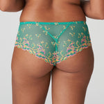 Back view of Lenca Luxury Thong Sunny Teal from The Foundation, featuring minimal coverage and intricate floral lace design