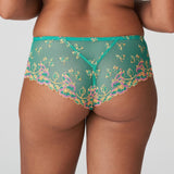 Back view of Lenca Luxury Thong Sunny Teal from The Foundation, featuring minimal coverage and intricate floral lace design
