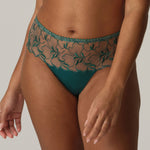 PrimaDonna Springdale Luxury Thong Briefs in Jasper Green with embroidered front, high waist panel, and sheer tulle back.