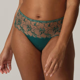 PrimaDonna Springdale Luxury Thong Briefs in Jasper Green with embroidered front, high waist panel, and sheer tulle back.