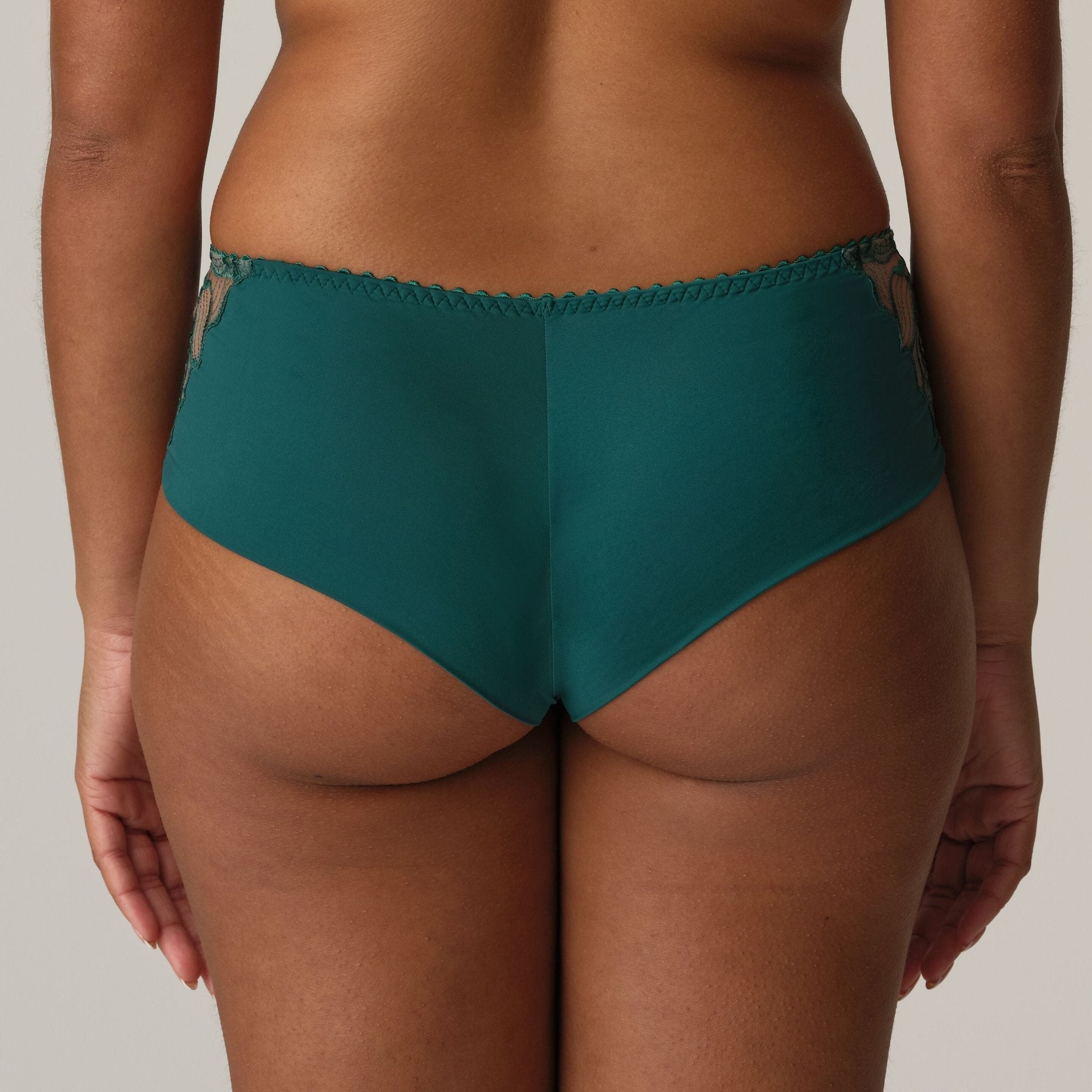 PrimaDonna Springdale Luxury Thong Briefs in Jasper Green with embroidered front, high waist panel, and sheer tulle back.