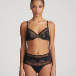 Full body shot of model in Marie Jo Junoo Wire Bra Black and matching briefs from The Foundation, perfect for a matching lingerie set
