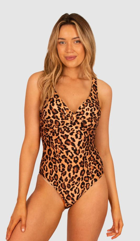 Front view of the Zambia D/E Wrap Wire One Piece in mocha cheetah print, supportive and stylish swimwear by Baku, available at The Foundation.