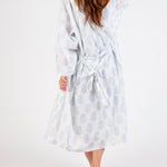 Back view of Cotton Robe in blue paisley, showing relaxed fit, soft drape, and elegant lightweight fabric.