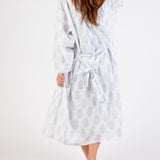 Back view of Cotton Robe in blue paisley, showing relaxed fit, soft drape, and elegant lightweight fabric.