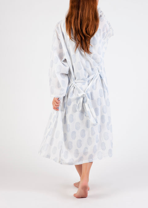 Back view of Cotton Robe in blue paisley, showing relaxed fit, soft drape, and elegant lightweight fabric.