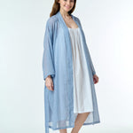 Side view of Hand Loomed Cotton Robe in navy gingham, styled as a breezy cover-up for sleepwear or everyday wear.