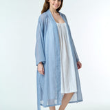 Side view of Hand Loomed Cotton Robe in navy gingham, styled as a breezy cover-up for sleepwear or everyday wear.