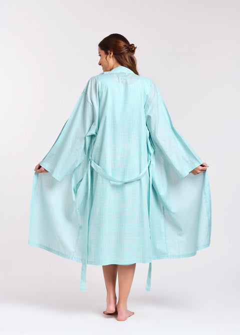 Cotton Gingham Print Robe Aqua