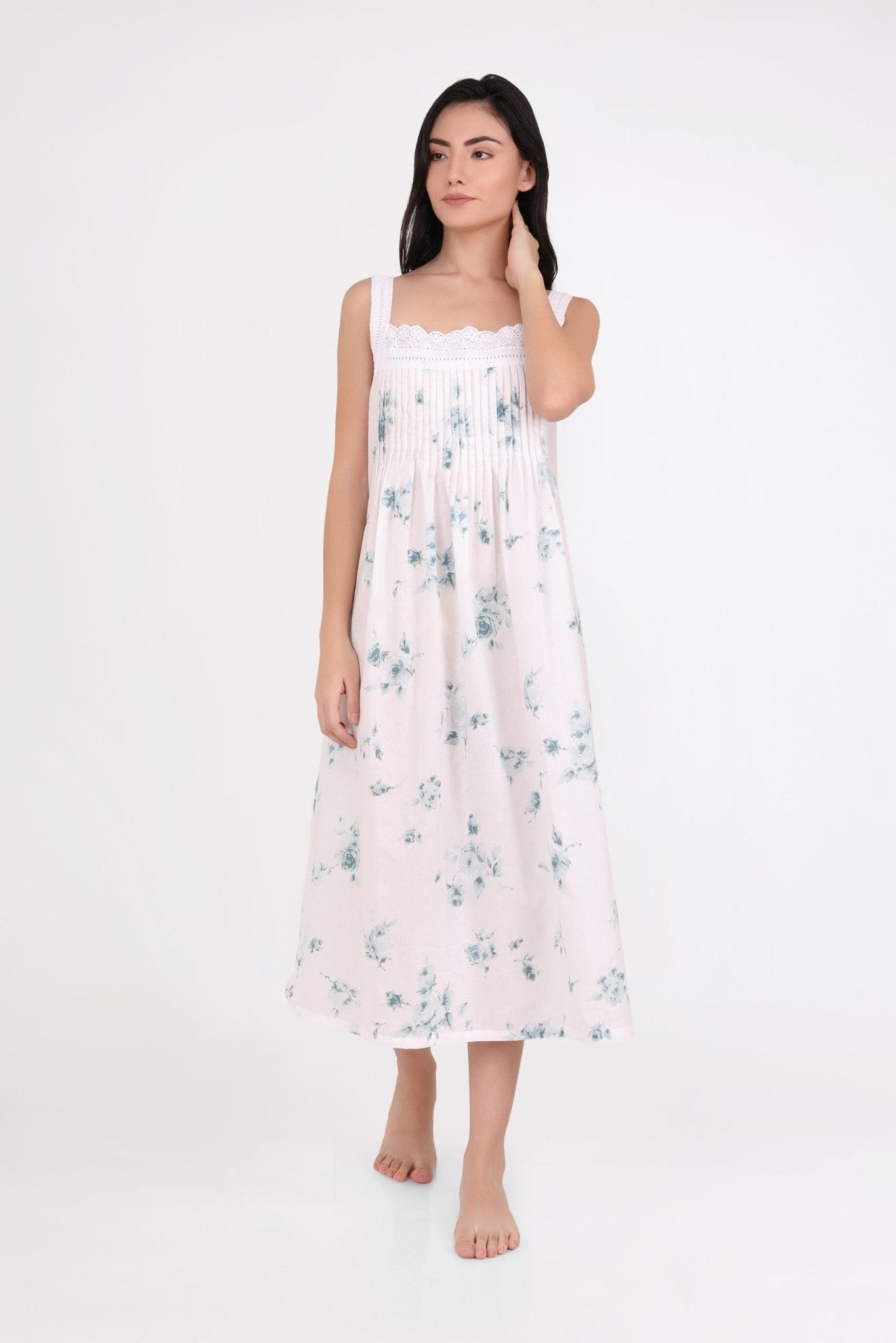 Front-facing view of Tucked Strappy Nightie in floral print, featuring pintuck details and breezy cotton fabric.