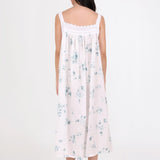 Back view of Tucked Strappy Floral Nightie, highlighting comfortable straps and soft drape in floral cotton voile.