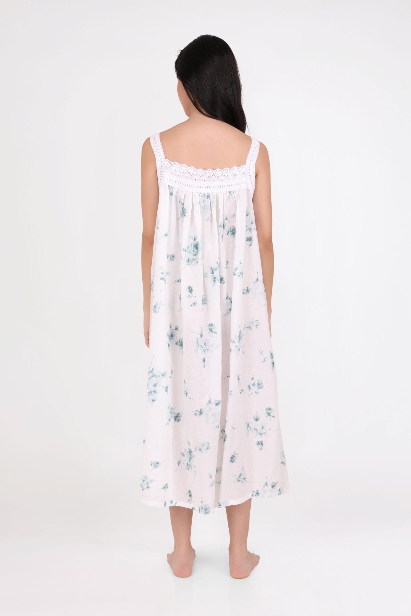 Back view of Tucked Strappy Floral Nightie, highlighting comfortable straps and soft drape in floral cotton voile.