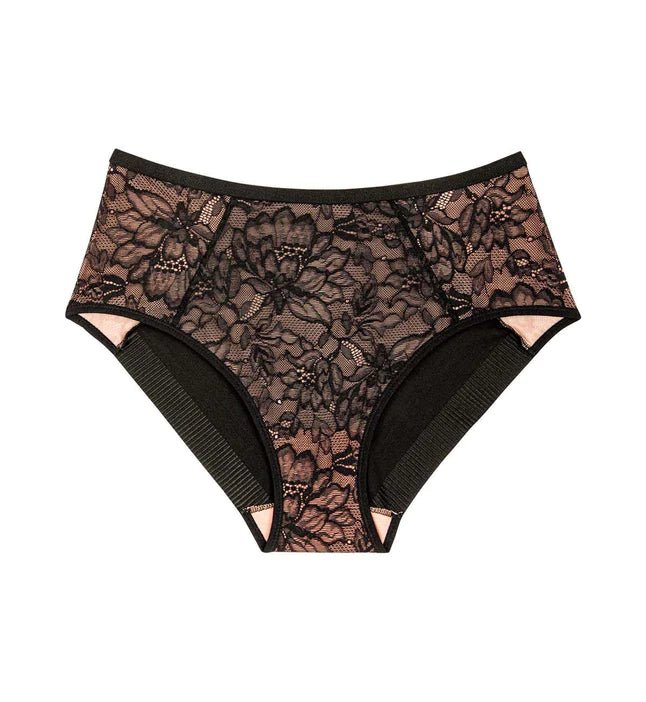Flat lay Black floral lace Amourette Charm Maxi brief laid flat showing front and back design.