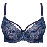 Flat lay of Nyks Soft Balcony Bra in Sapphire by Samanta—floral lace front and supportive cups