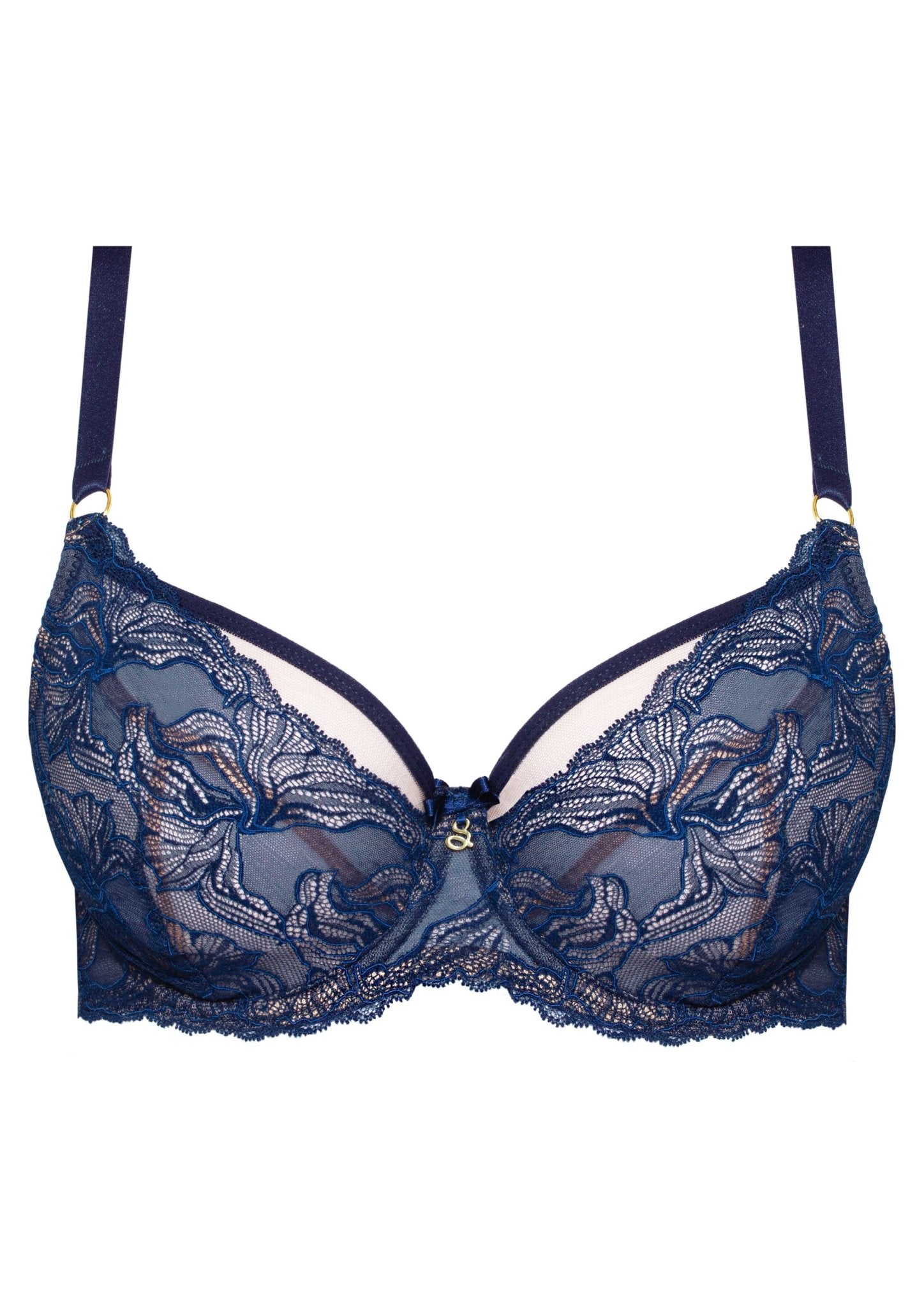 Flat lay of Nyks Soft Balcony Bra in Sapphire by Samanta—floral lace front and supportive cups
