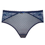 Flat lay of Nyks Midi Brief Sapphire—front and back lace detail flatlay, mid-rise silhouette