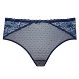Flat lay of Nyks Midi Brief Sapphire—front and back lace detail flatlay, mid-rise silhouette
