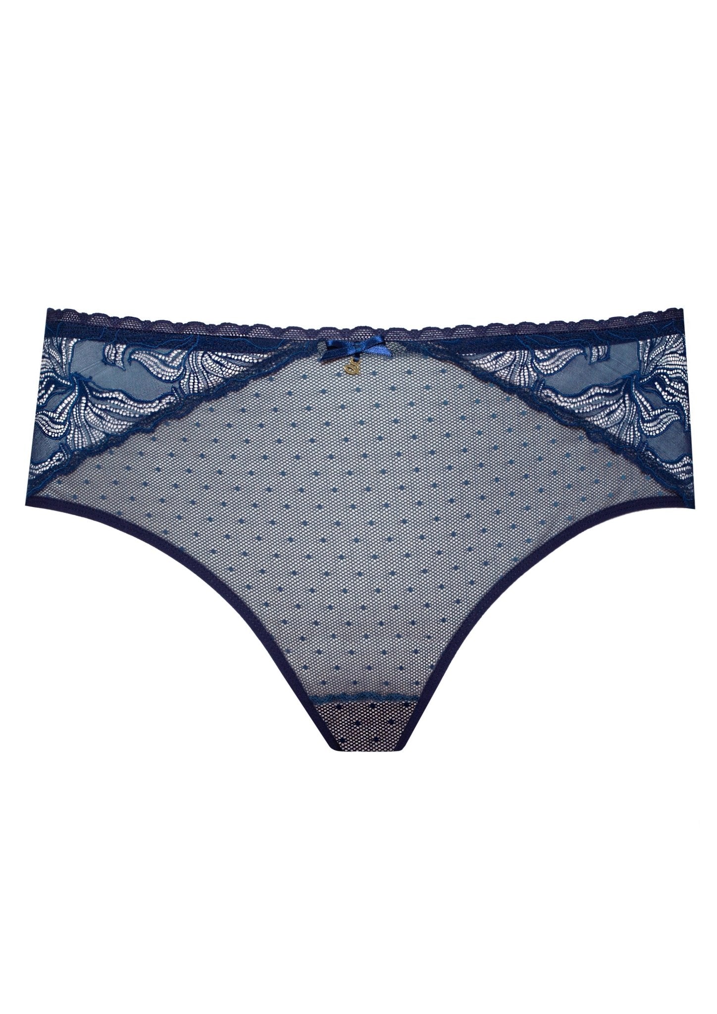 Flat lay of Nyks Midi Brief Sapphire—front and back lace detail flatlay, mid-rise silhouette