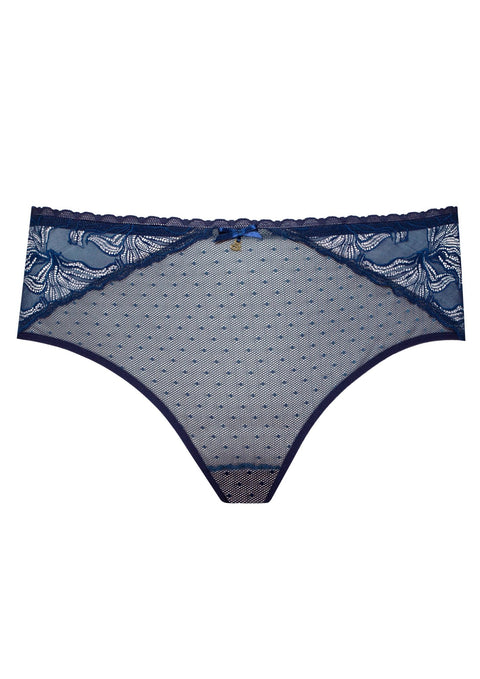 Flat lay of Nyks Midi Brief Sapphire—front and back lace detail flatlay, mid-rise silhouette