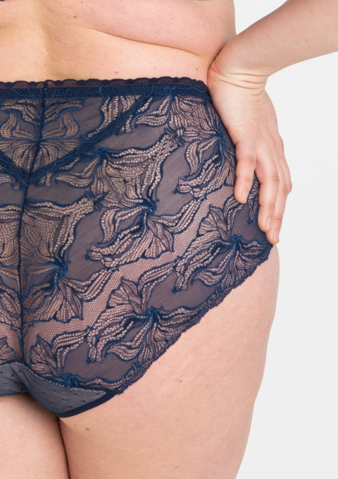 Close up  back view of Samanta Nyks Midi Brief Sapphire—lace mesh back design seen on model.