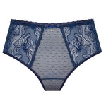 Flat lay of best seller Nyks Thong Brief Sapphire—front and back lace detail shown flat.