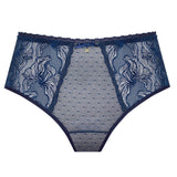 Flat lay of best seller Nyks Thong Brief Sapphire—front and back lace detail shown flat.