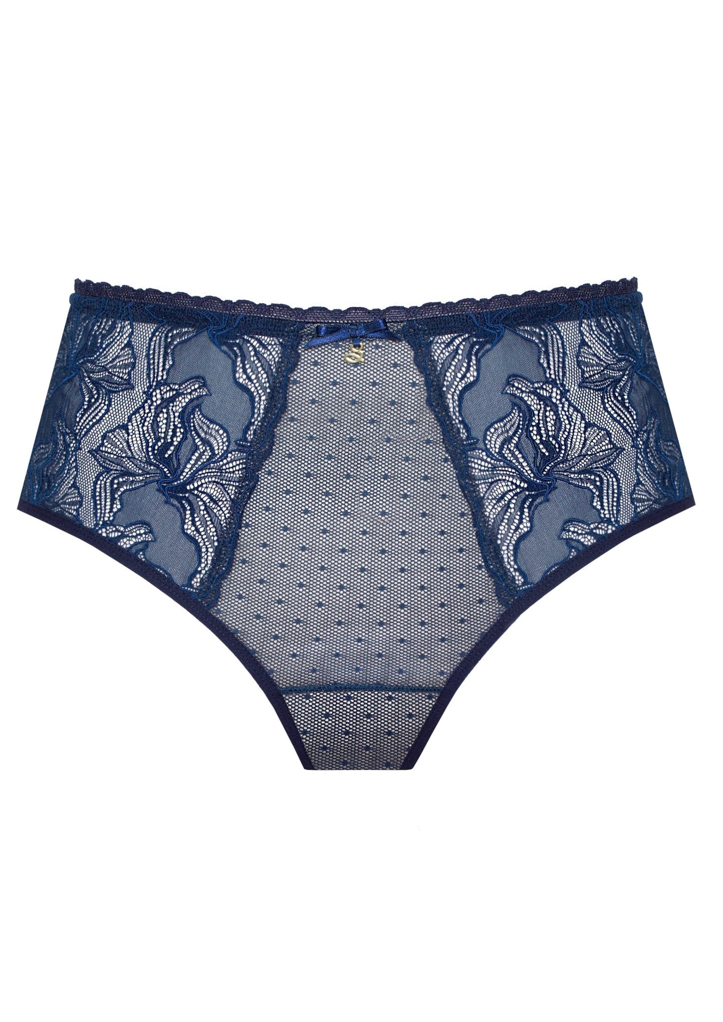 Flat lay of best seller Nyks Thong Brief Sapphire—front and back lace detail shown flat.