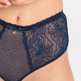 Close up of Nyks Thong Brief in Sapphire by Samanta—sheer mesh and lace detail, designed for comfort and style.