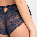 close up back view of Samanta Nyks Thong Brief Sapphire—cheeky mesh back and delicate lace