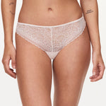 Front view of the Pila Tanga Brief in Talc showing lace detailing and smooth silhouette – available at The Foundation.