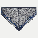 Flat lay of Pila Tanga Brief in Sailing Blue, displaying delicate lace detail and fishnet band