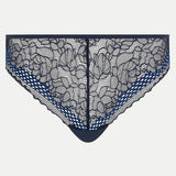 Flat lay of Pila Tanga Brief in Sailing Blue, displaying delicate lace detail and fishnet band