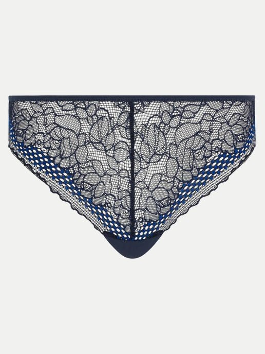 Flat lay of Pila Tanga Brief in Sailing Blue, displaying delicate lace detail and fishnet band
