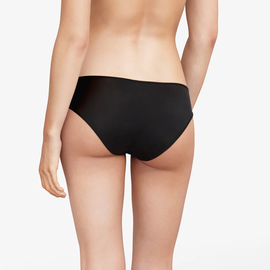 Back view of Maddie Hipster Brief in black showing smooth opaque knit for added comfort.