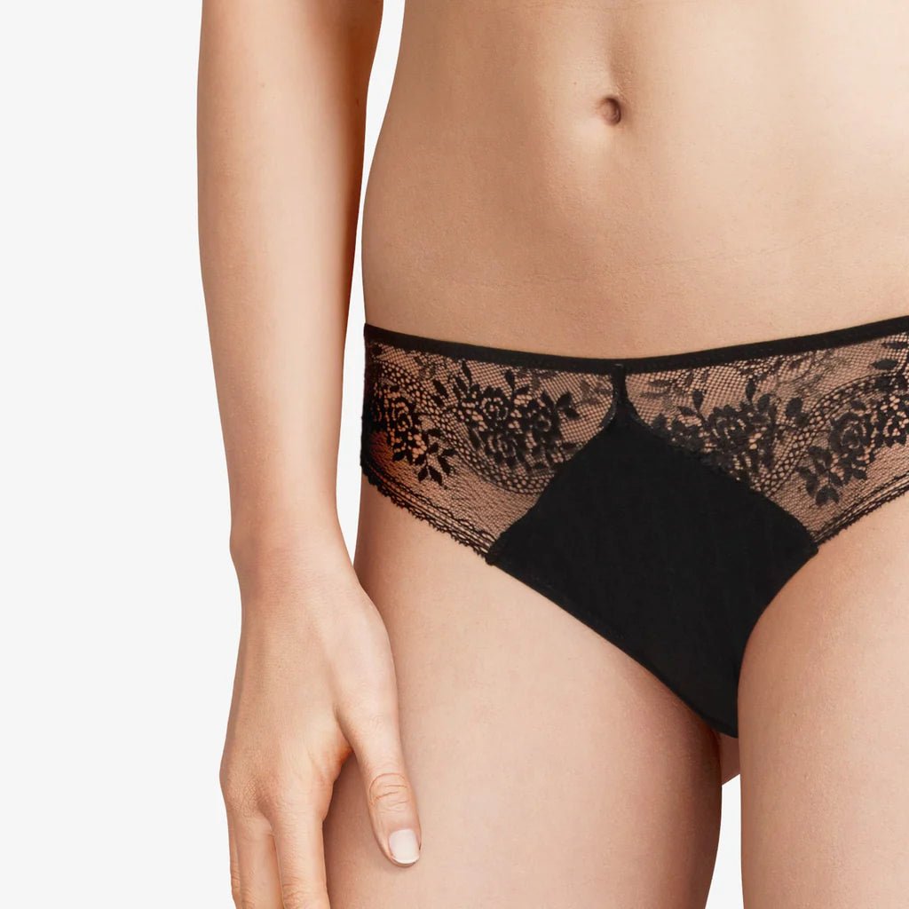 Close up of Maddie Hipster Brief in black with floral lace and striped tulle panels.