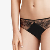 Close up of Maddie Hipster Brief in black with floral lace and striped tulle panels.
