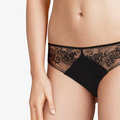 Close up of Maddie Hipster Brief in black with floral lace and striped tulle panels.