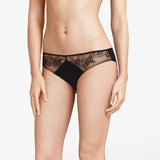 Front view of Maddie Hipster Brief in black highlighting delicate lace trim on thighs.