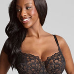 Close up of Allure Full Cup Bra Black by Panache, floral stretch lace, gold ring detail, designed for fuller busts.