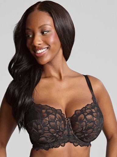 Close up of Allure Full Cup Bra Black by Panache, floral stretch lace, gold ring detail, designed for fuller busts.