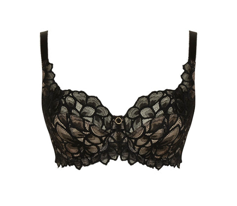 Product shot of Panache Allure Full Cup Bra Black, stretch floral lace, Latte lining, and sophisticated gold ring detailing.