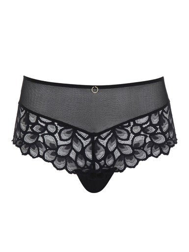 Product flat lay of Allure Full Brief Black by Panache, featuring luxurious black lace and high waist design.