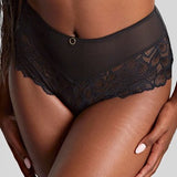Front view of Panache Allure Full Brief Black, high-waisted lace brief with full coverage and 100% cotton gusset.
